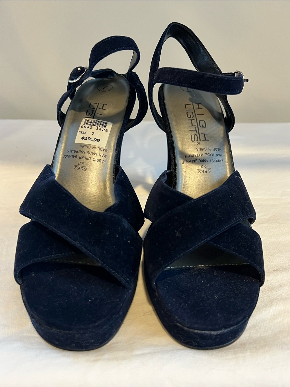 Y2K High Lights Navy Blue Suede Platform Heels Women’s Size 7 Ankle Strap Sandal